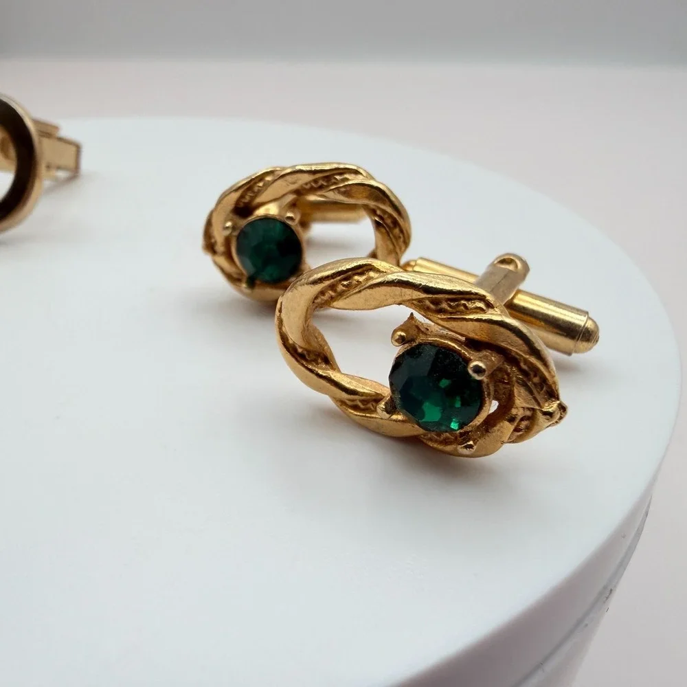 Vintage Y2K Gold Tone Faux Pearl Green Glass Cufflinks Set 2 Pair Men's Jewelry